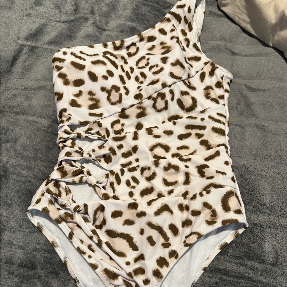 One-Shoulder Leopard Print Swimsuit in Cream and Brown